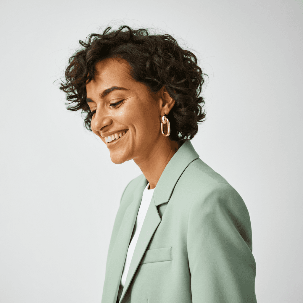 Women Growing Revenue In her Advanced Technology  Business, looking slightly down and to the left smiling, wearing a light green suit jacket, set against a white background