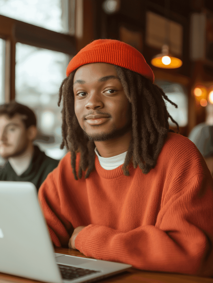 Young Man in Orange Sweater at Café
