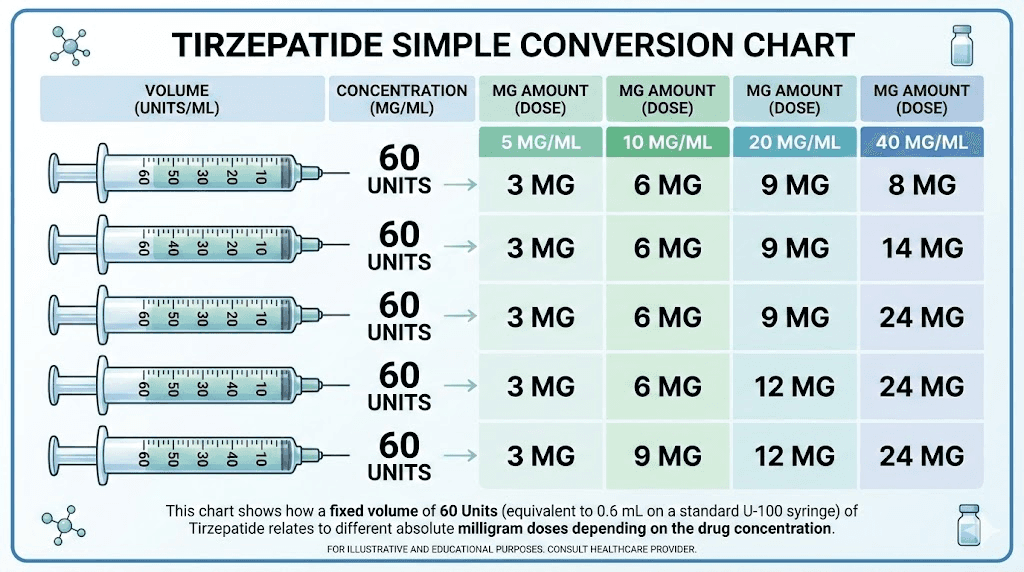 60 units of tirzepatide conversion chart showing mg at every concentration