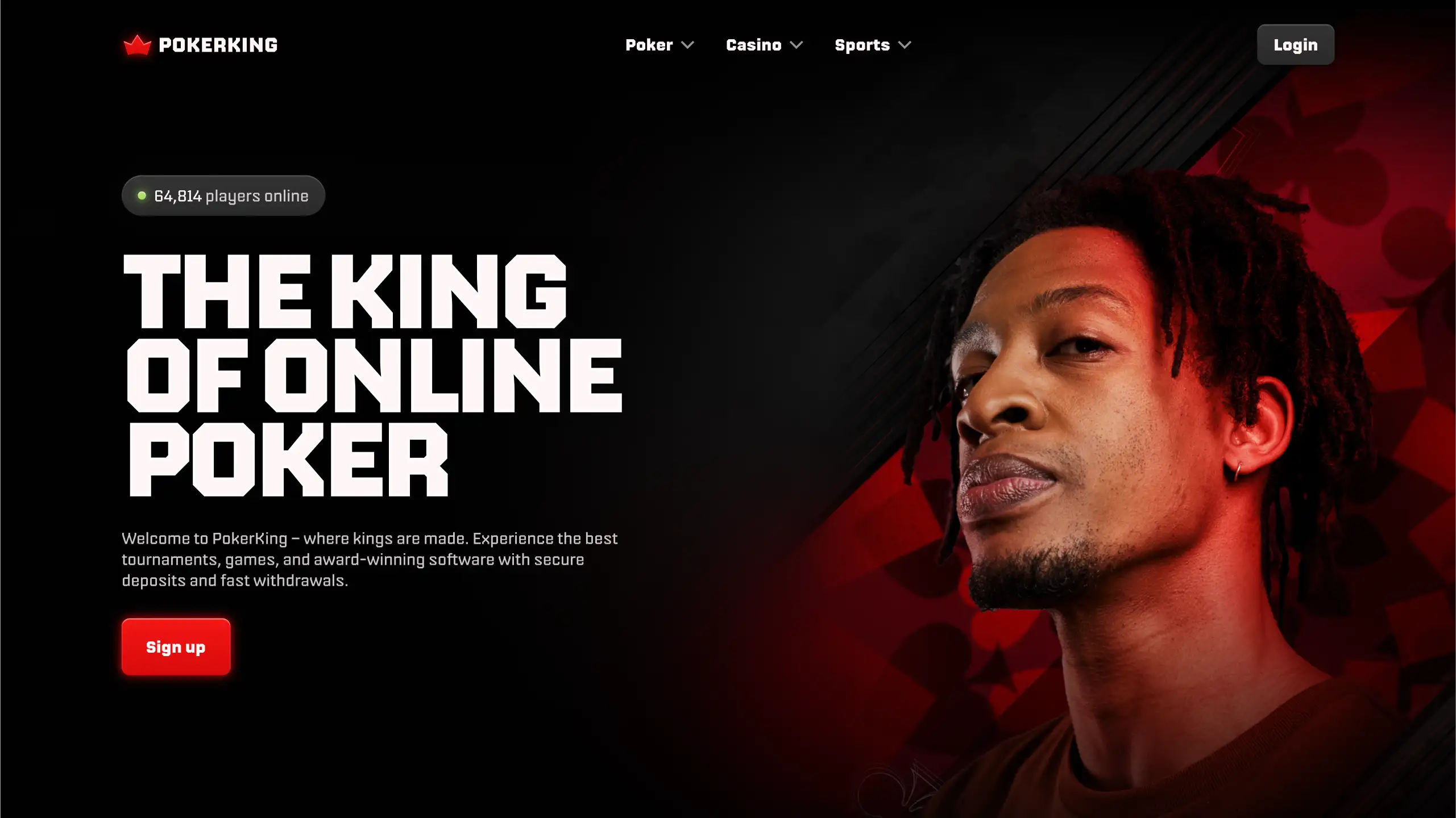 A landing page for an online poker platform