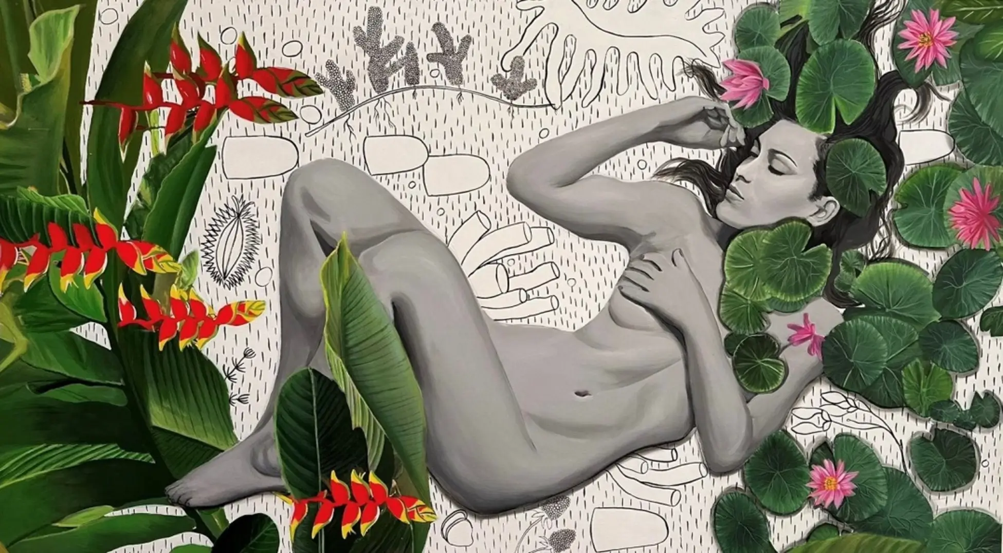 A grayscale nude female figure lies peacefully among vibrant tropical leaves, red heliconia, and blooming water lilies, set against a backdrop of sketched natural forms.
