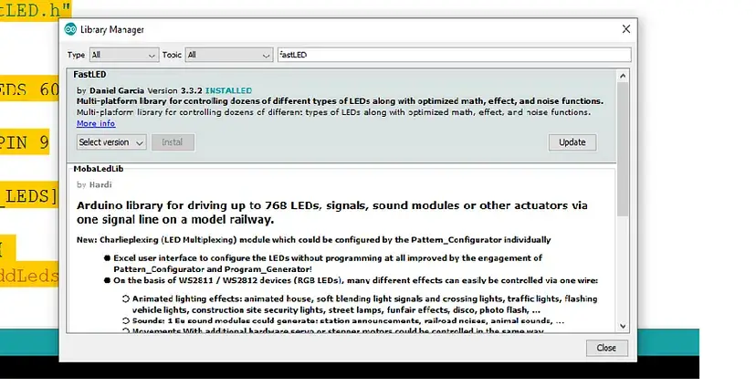 Install FastLED library from Arduino Library Manager