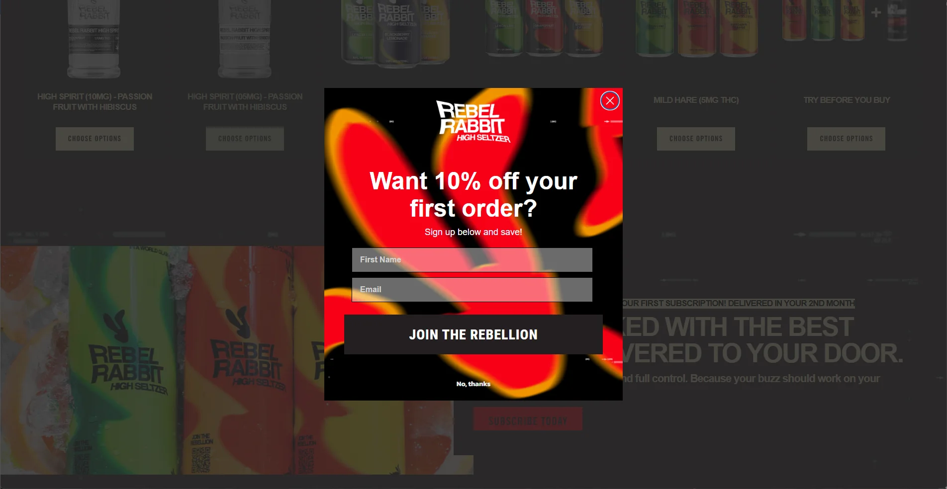 A centered welcome popup on the Rebel Rabbit High Seltzer e-commerce website offering a 10% discount on a first order using a high-contrast two-field signup form.