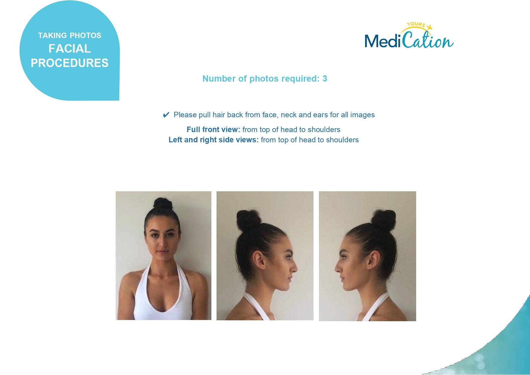 Facial surgery assessment photo guide showing the required front, profile, and angled views for facelift, neck lift, eyelid surgery, and facial procedures.