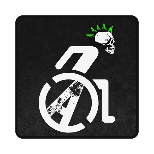 Quadrado preto com o símbolo de acessibilidade utilizado com uma caveira de Moicano verde