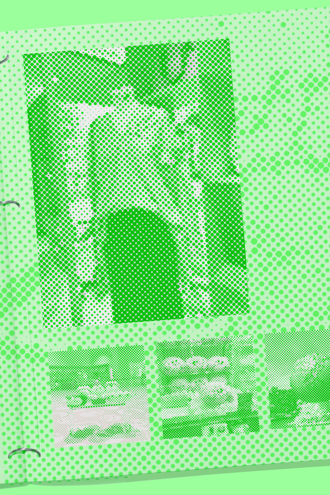Retrica Halftone matrix preset — everyday photos in a green halftone zine layout