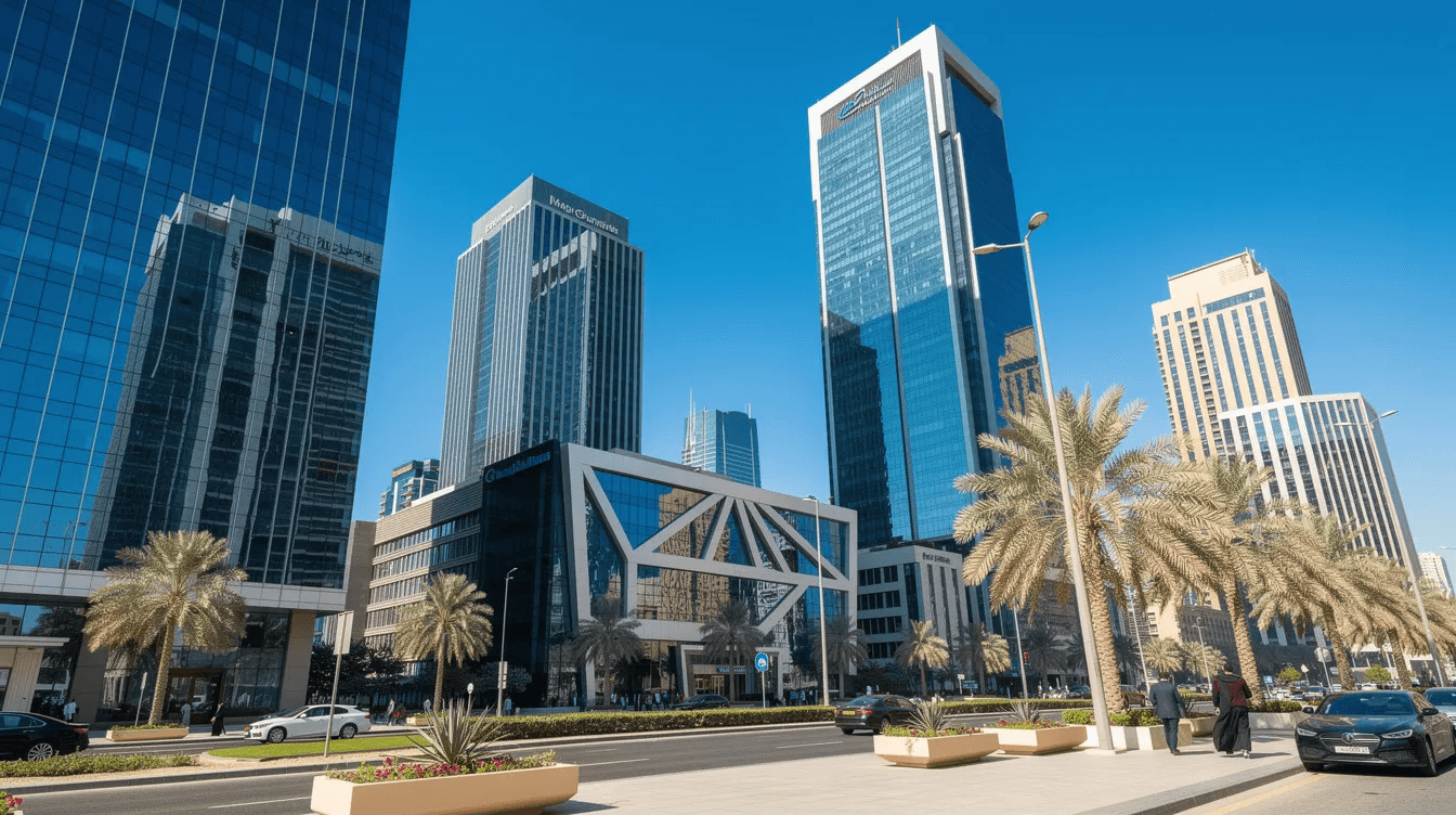 The image depicts modern office buildings in a business district of the UAE, set against a clear blue sky. This vibrant urban scene reflects the dynamic environment where businesses operate, including those navigating the VAT registration process under the UAE federal tax authority.
