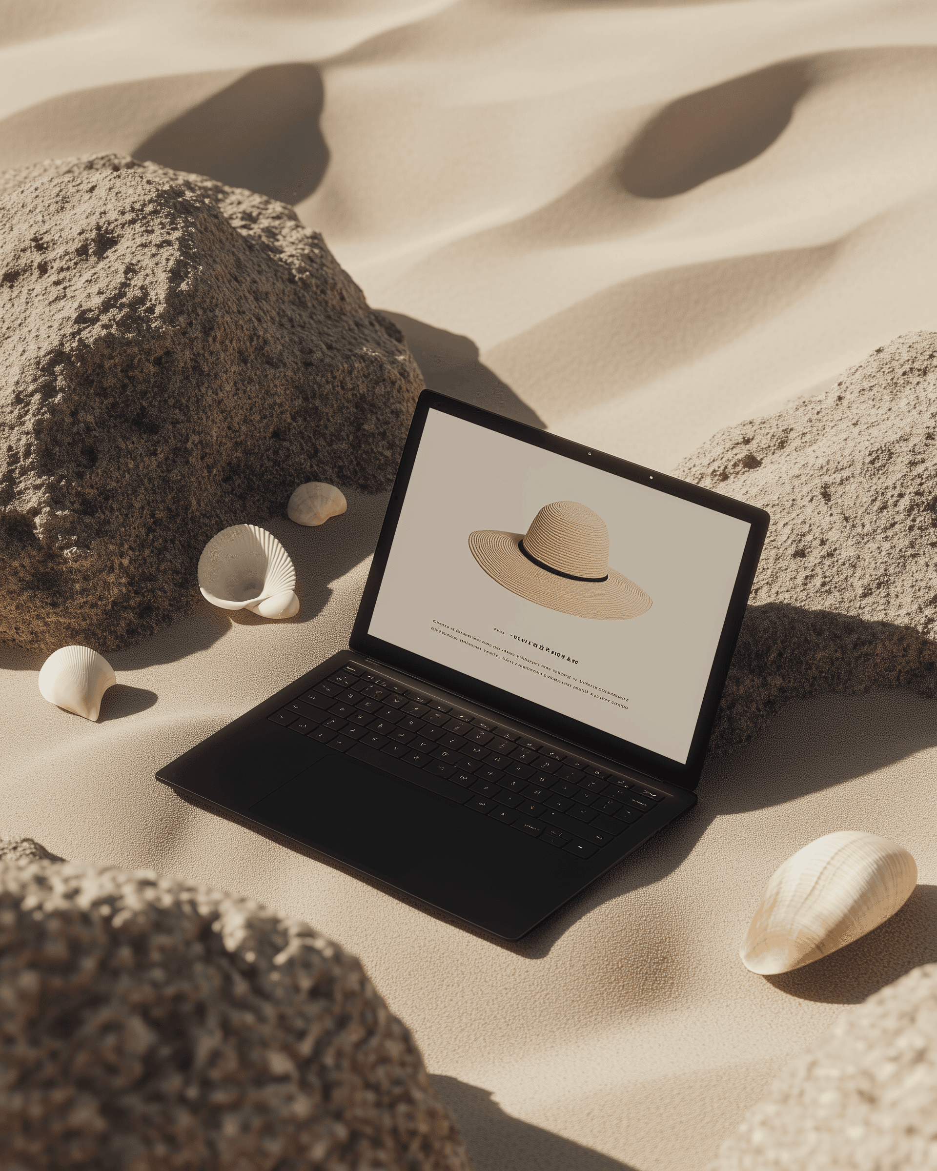 A person in a black sweater typing on a laptop at a black desk, with a pen nearby, creating a professional and focused atmosphere.