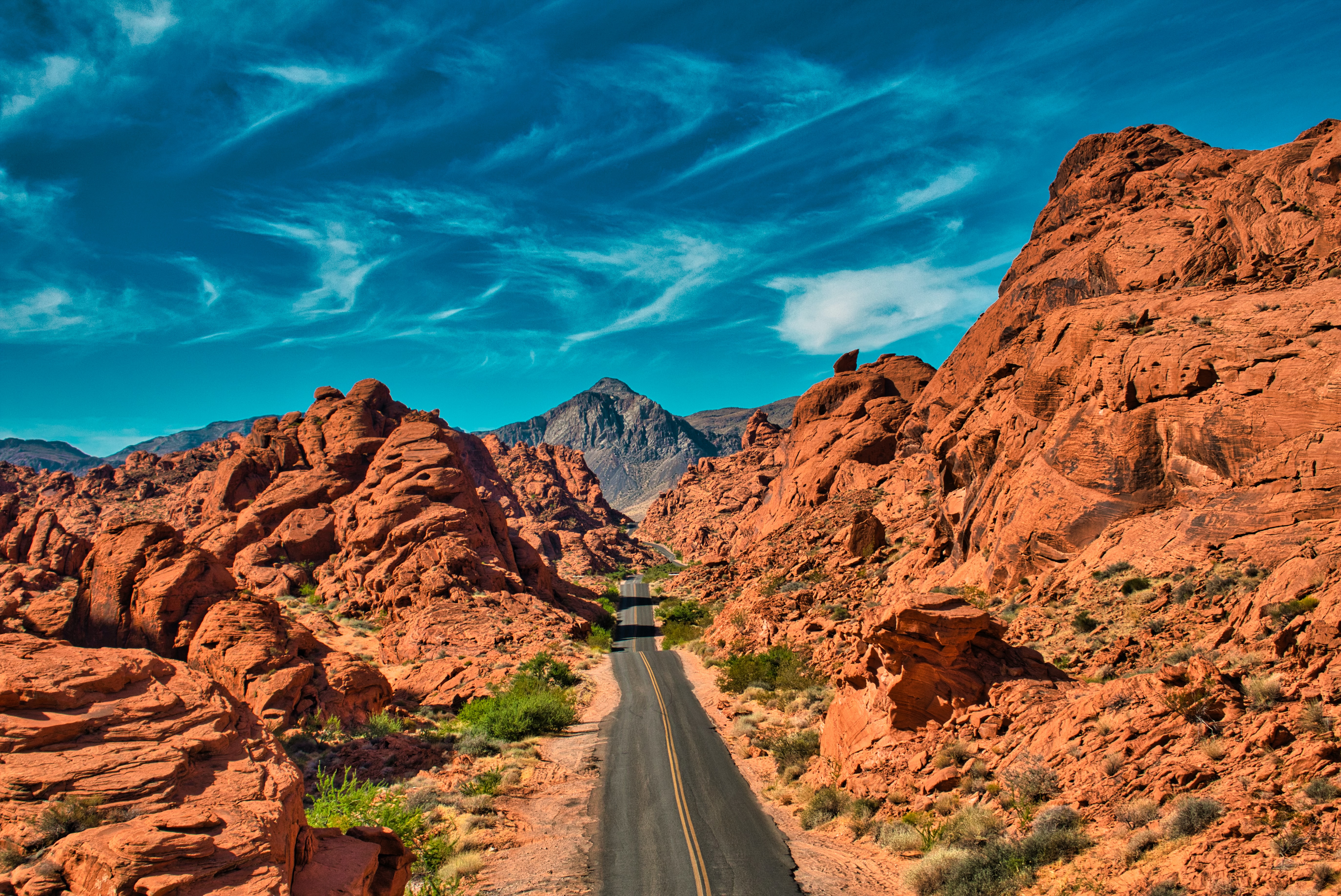 Dramatic contrast of red canyon and blue sky, Valley of Fire, Nevada, USA