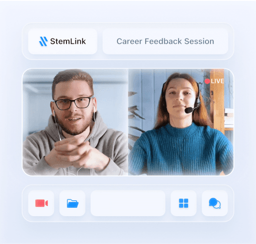 Two people engaged in a video call, one wearing glasses and the other with a headset, both looking at the screen.