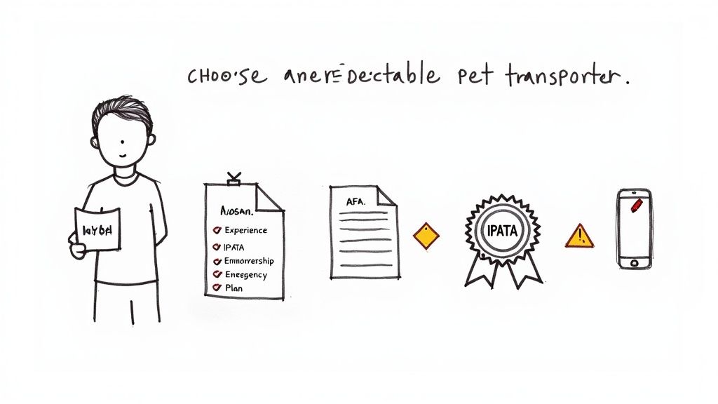 A diagram illustrates choosing a reputable pet transporter, featuring a person, checklist, documents, and an IPATA badge.
