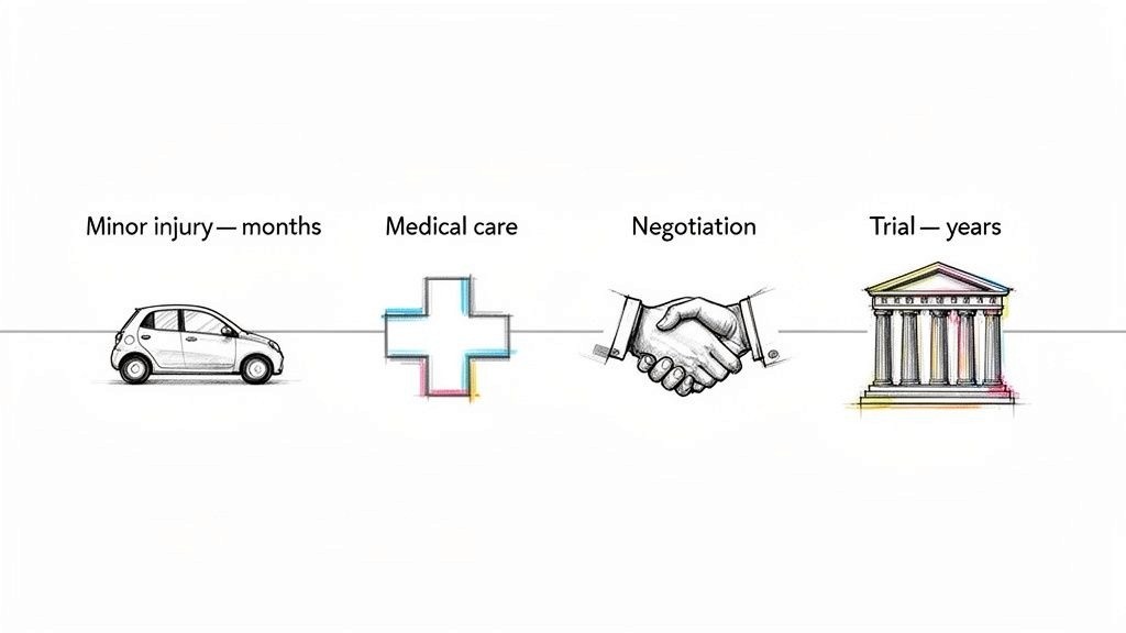 Visual timeline illustrating stages of a car accident claim from minor injury to medical care, negotiation, and trial.