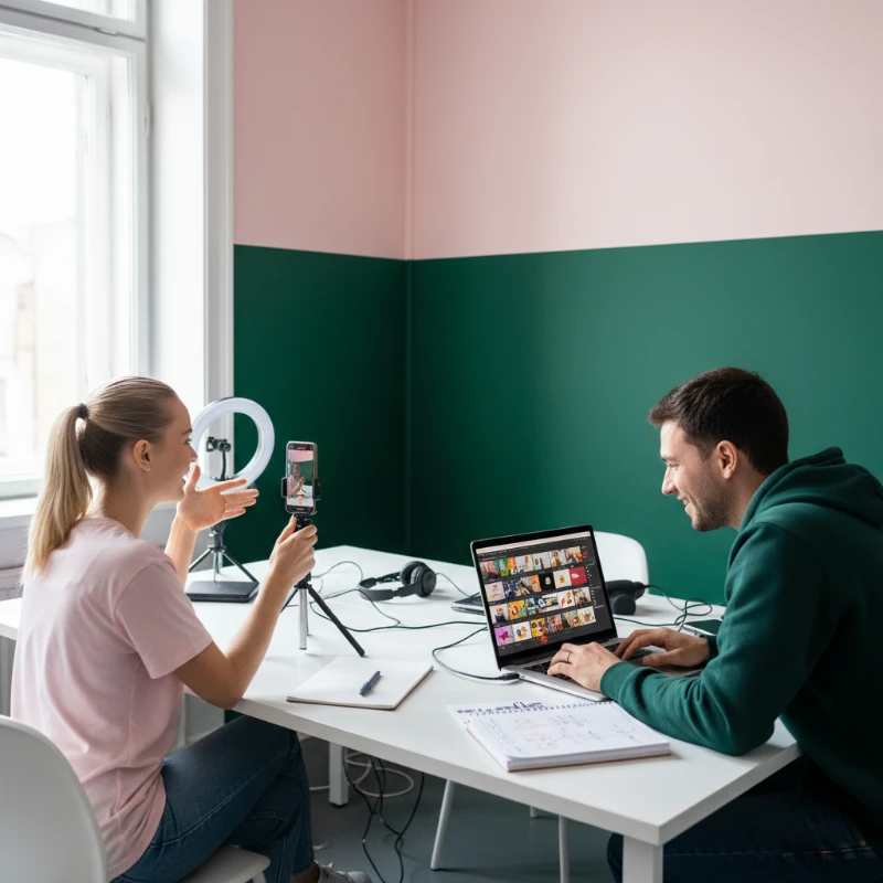 Équipe de créatifs en agence à Paris, collaborant autour d'un poste de travail pour concevoir et valider des contenus visuels dynamiques et des formats vidéo courts sur plusieurs écrans haute résolution, illustrant notre expertise en Stratégie de contenus pour garantir des formats adaptés aux usages réels.