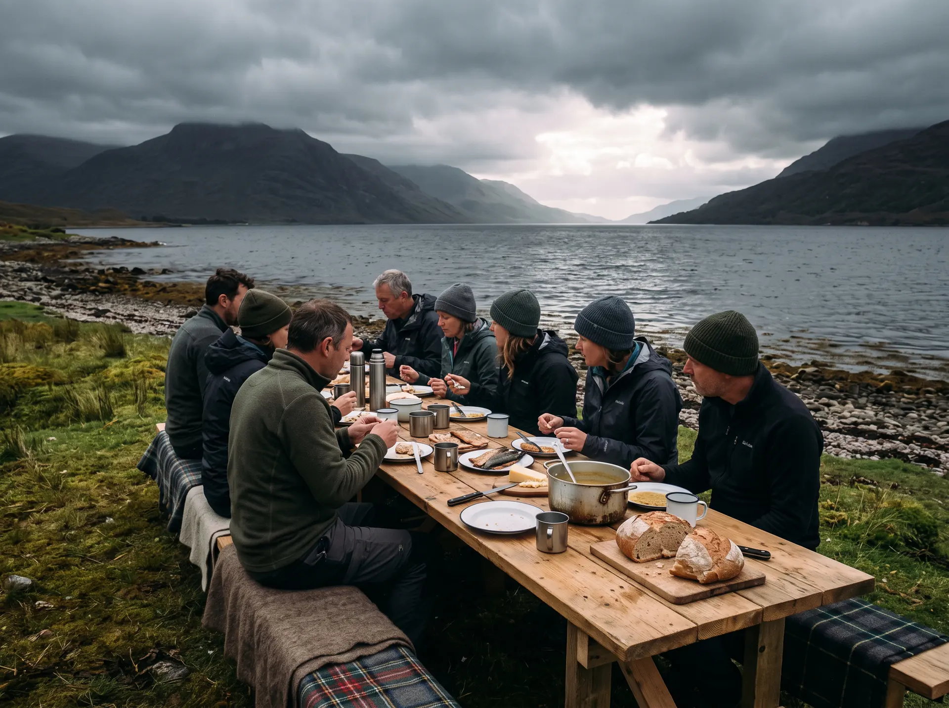 Eight travellers at a long wooden table on the shore of a sea loch