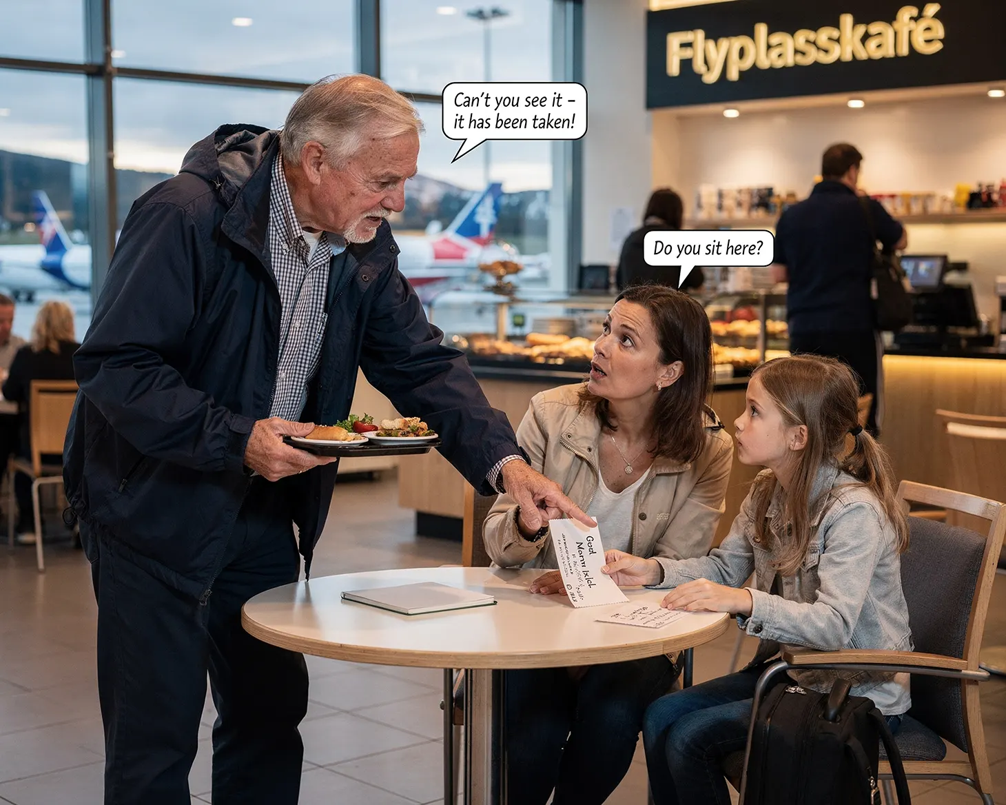 En mann skjenner på noen som har tatt bordet hans.