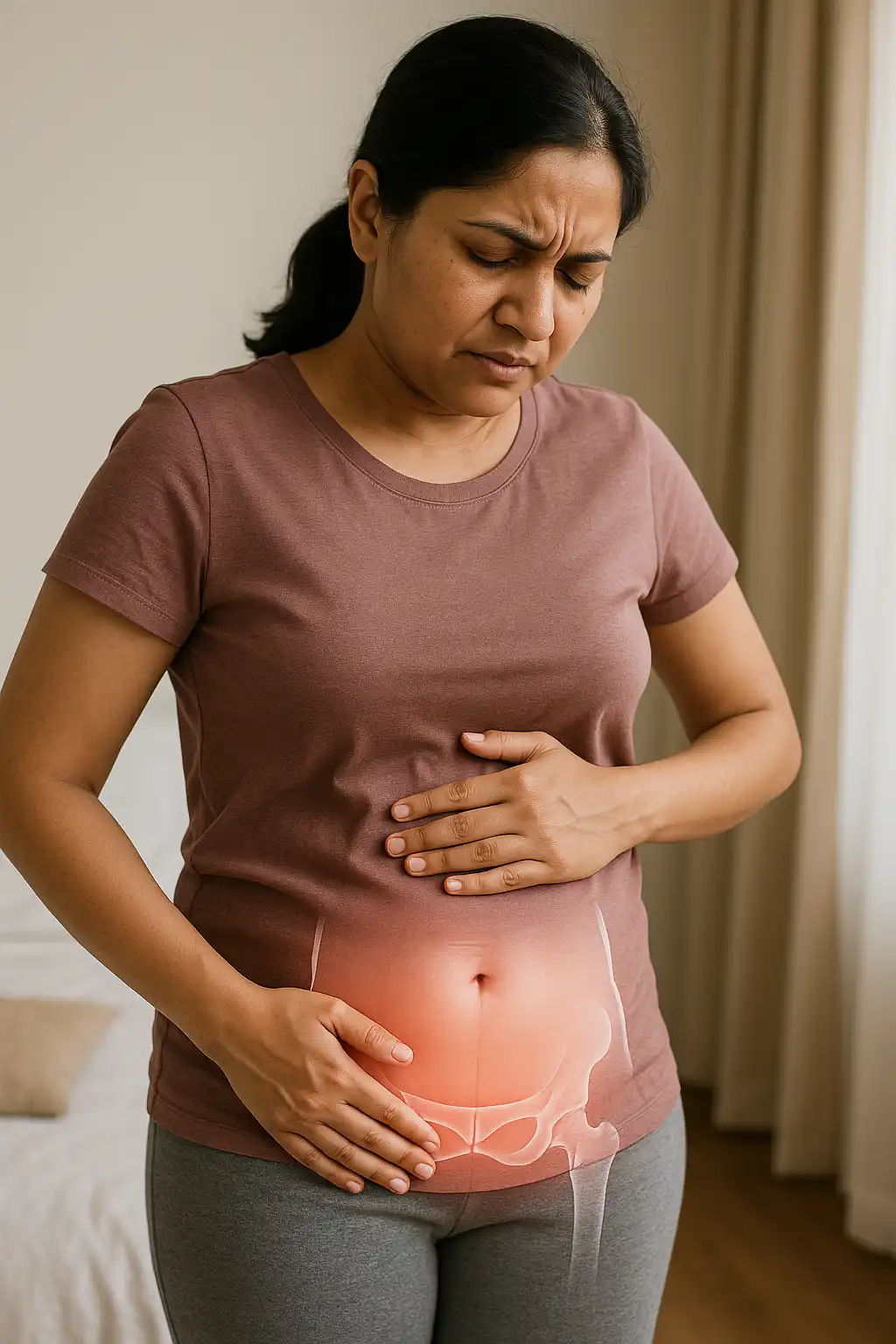 Post-C-Section rehabilitation physiotherapy – woman holding her lower abdomen with highlighted pelvic pain, indicating core weakness and postpartum recovery needs.