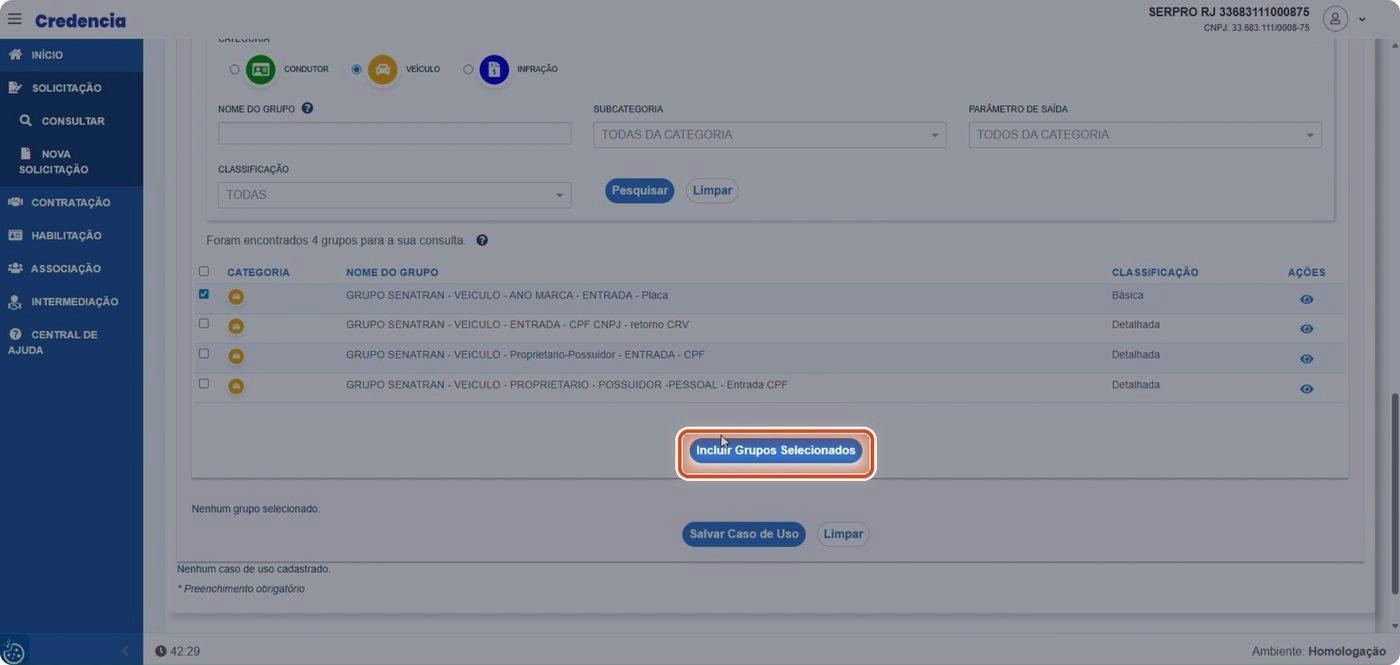 Captura de tela de referência do Credencia para Passo 4 — Incluir os grupos selecionados. Contexto: 14 — Grupo de Informações.