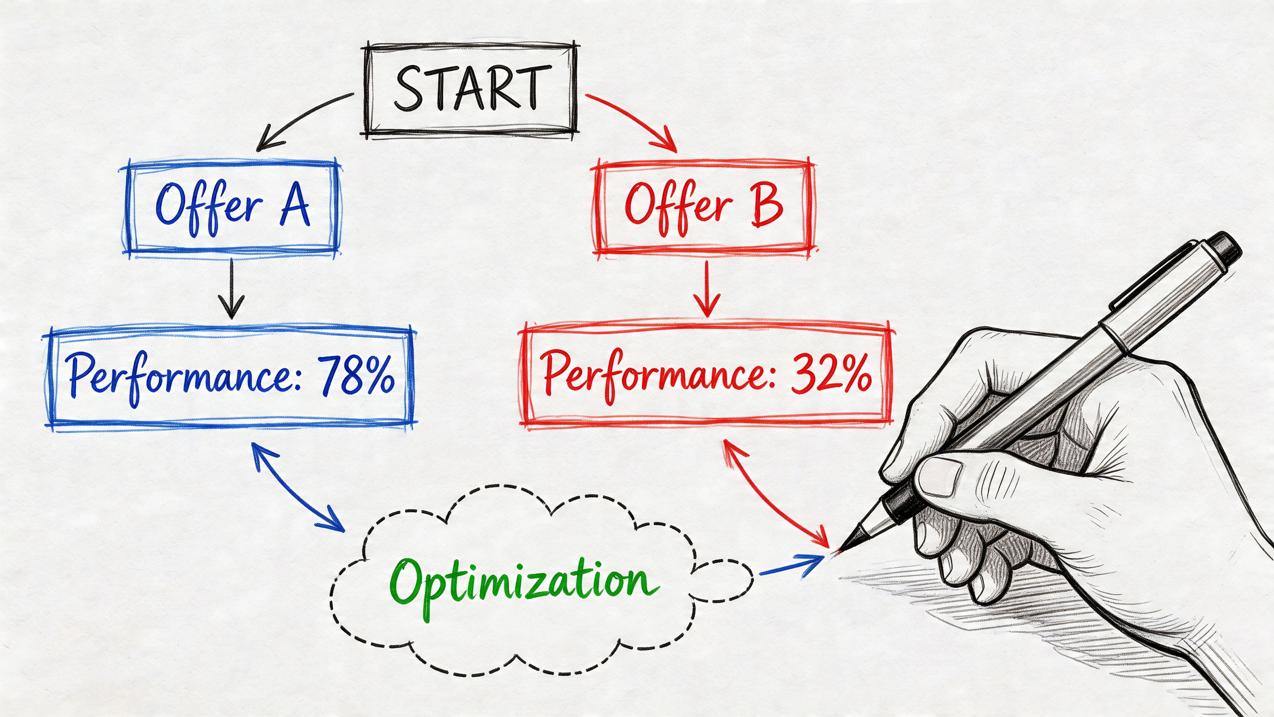 A hand-drawn diagram illustrating a workflow from start through offers A and B, leading to optimization.