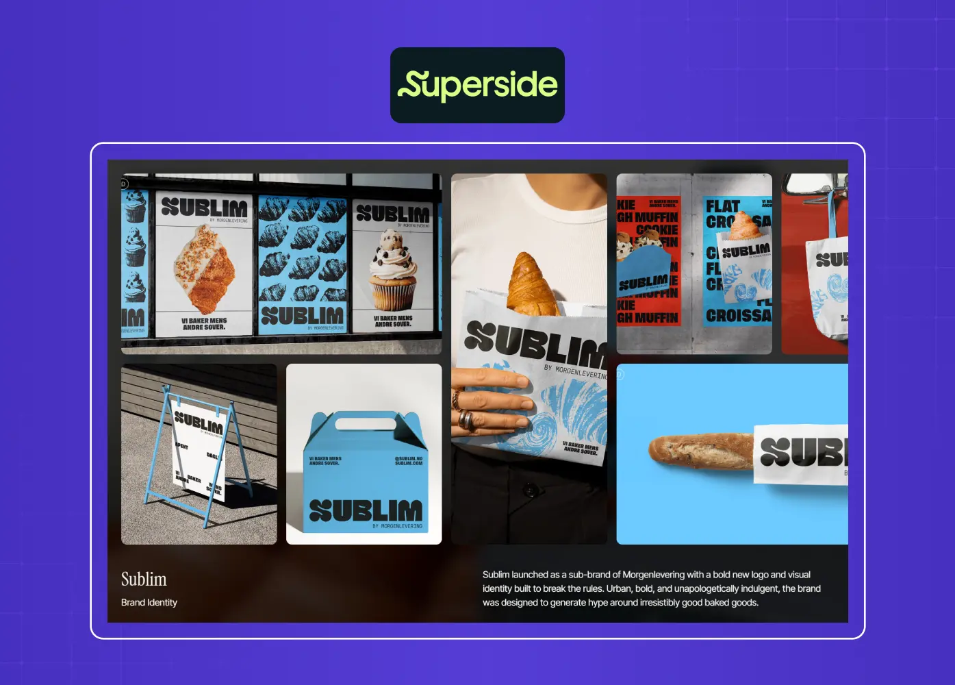 Visual case study grid from Superside showcasing the Sublim brand identity project across multiple brand touchpoints.