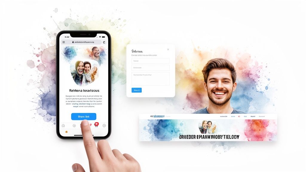 A hand taps a smartphone displaying a referral program with happy people, sharing a link amidst watercolor splashes.