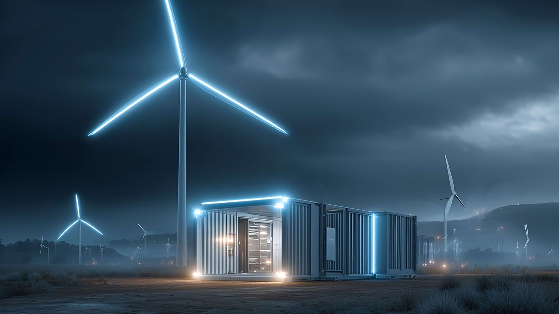 A futuristic scene at night with glowing wind turbines surrounding a high-tech shipping container. The atmosphere is misty and dramatic under dark skies.