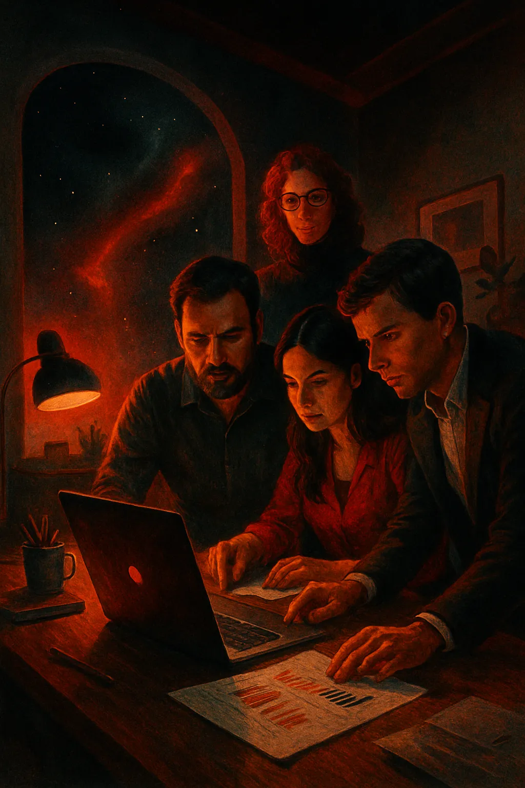 Team collaborating on laptop, RockN' Socials Digital Marketing Agency session.