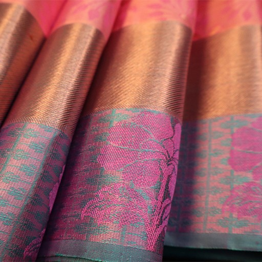 Soft Pink and Teal Green Floral Kanchivaram Silk Saree