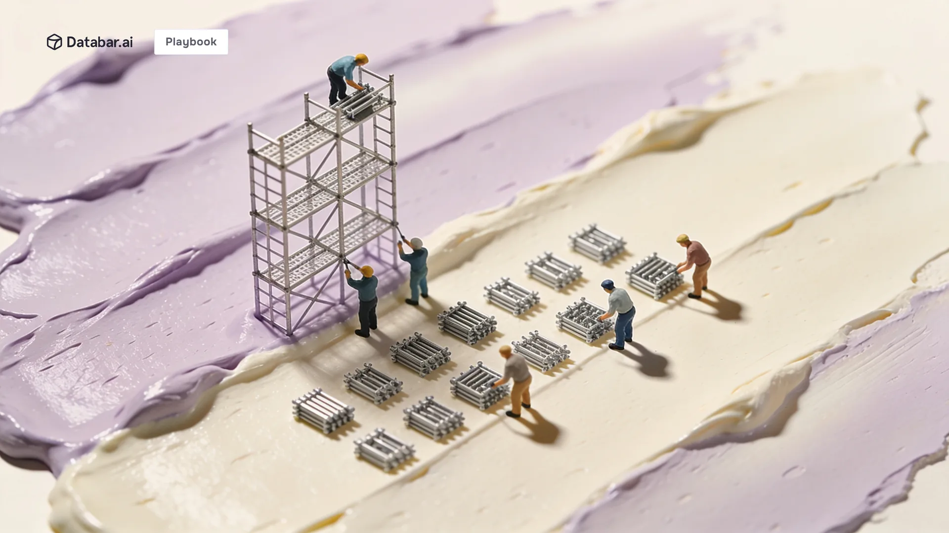Impasto illustration of tiny figures assembling a scaffold — GTM engineer skills checklist