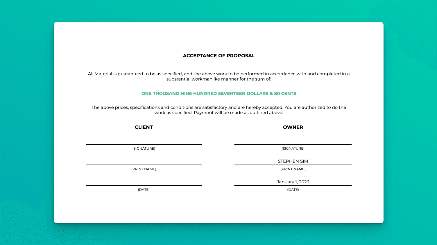 Term Sheet spreadsheet template outlining project acceptance, client and owner signatures, and payment agreement.