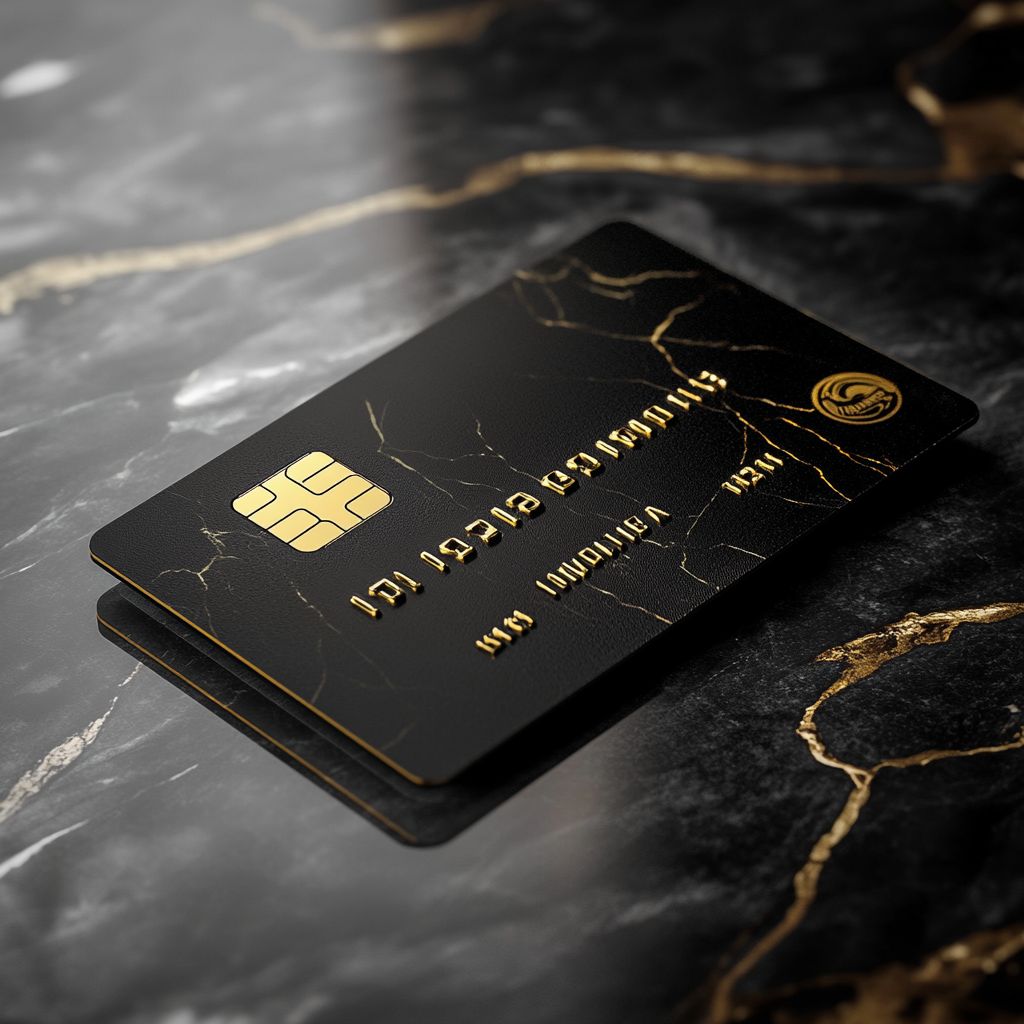 The image features a sophisticated black credit card resting on a dark marble surface with gold and white streaks.