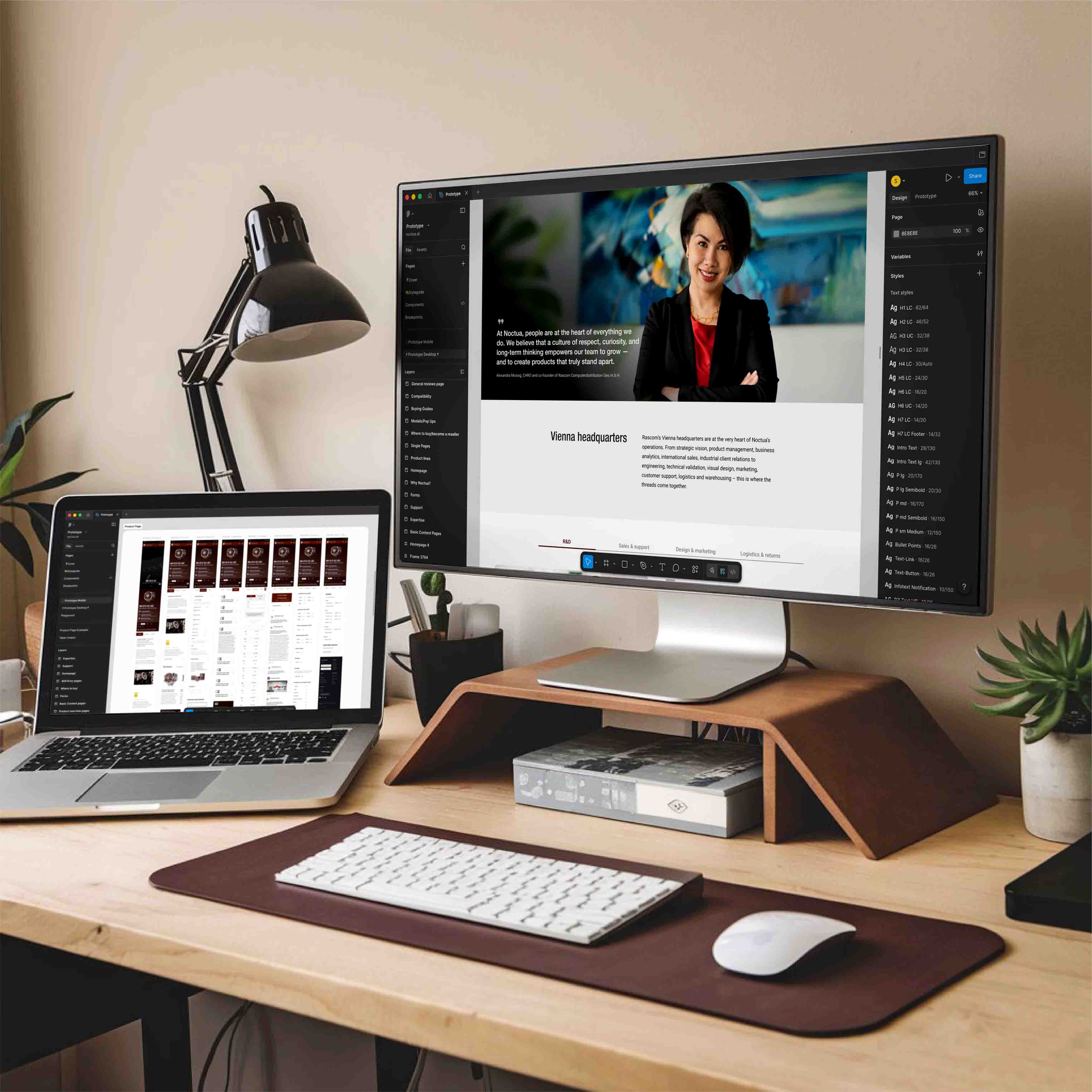 UI-Designprozess für noctua.at auf Desktop und Laptop mit Layout- und Komponentenentwicklung in Figma