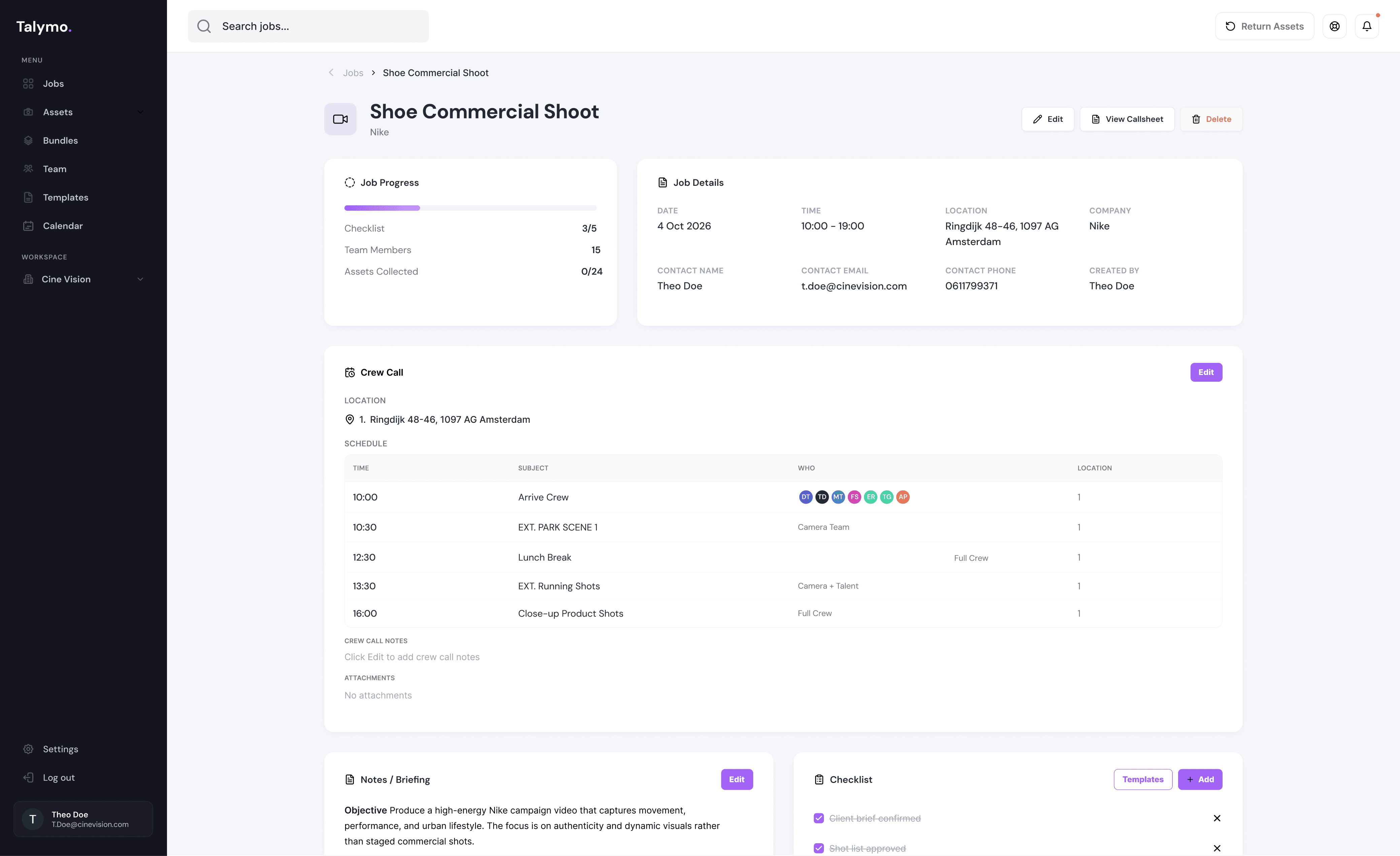 Job Details Callsheet and Information Production