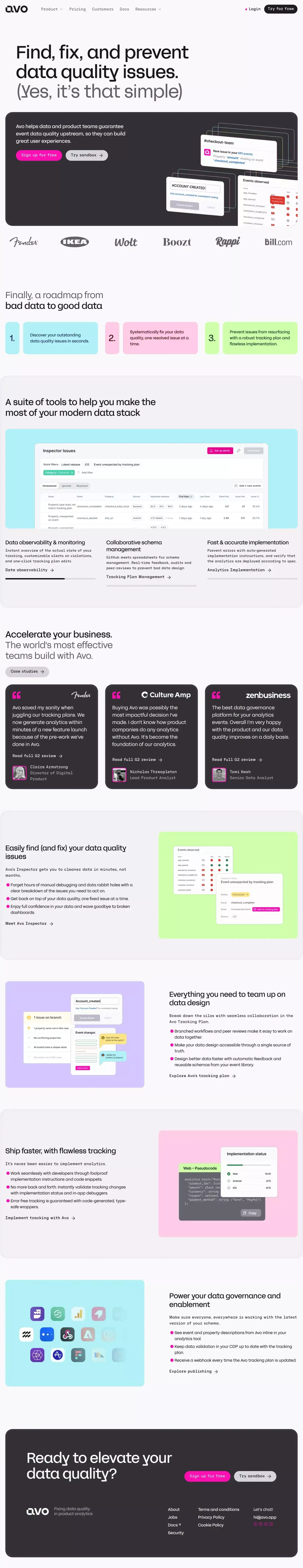 Avo: Find, fix and prevent data quality landing page screenshot showcasing Tech design