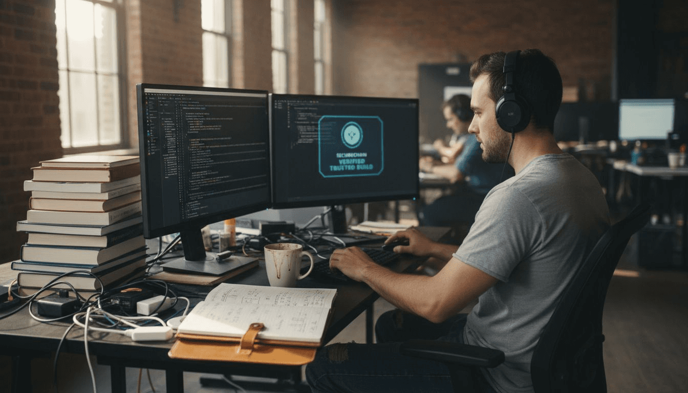 Developer reviewing blockchain code on monitors