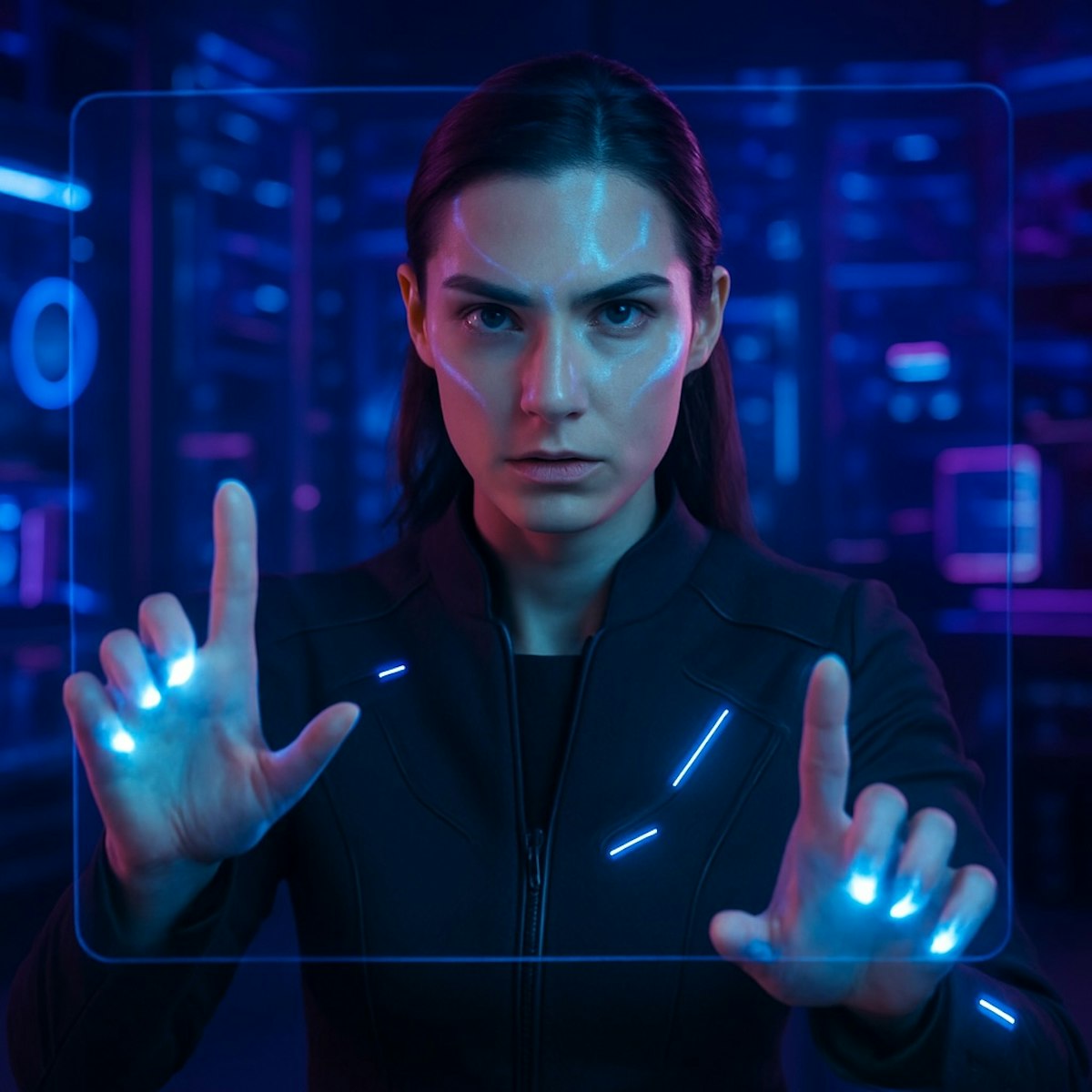 Femme utilisant une interface holographique tactile dans un environnement futuriste, illustrant l'intelligence artificielle, la cybersécurité et les technologies immersives