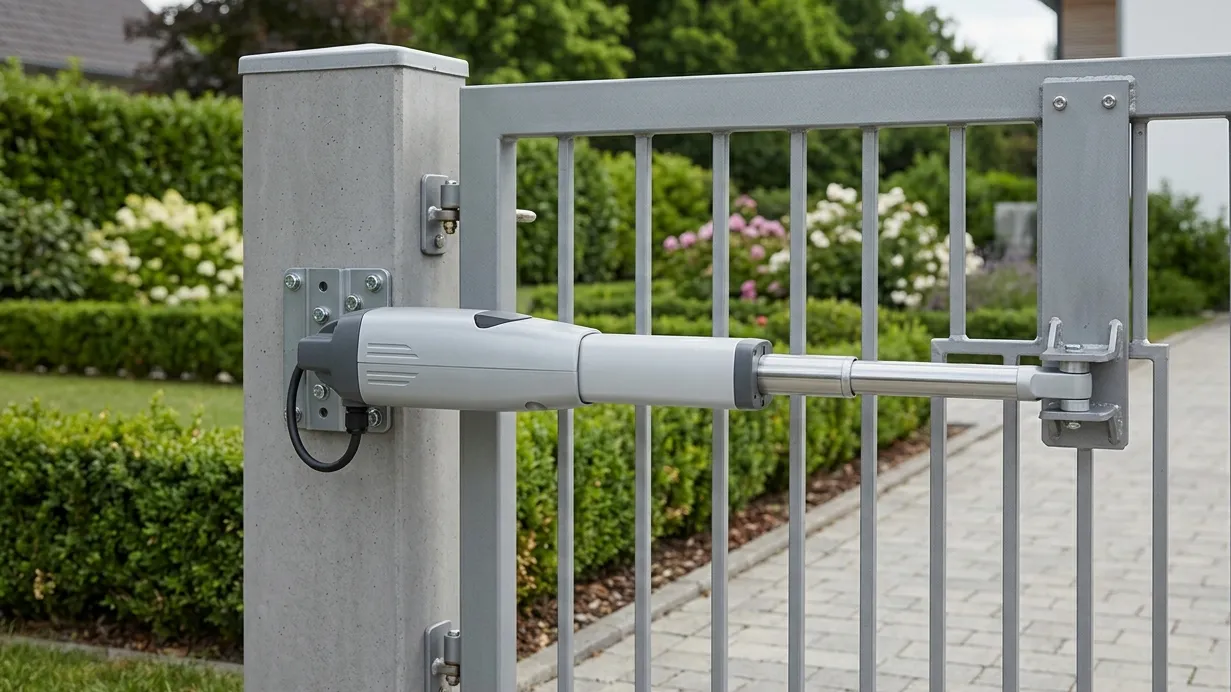 Linear arm swing gate opener installed on a hinged gate