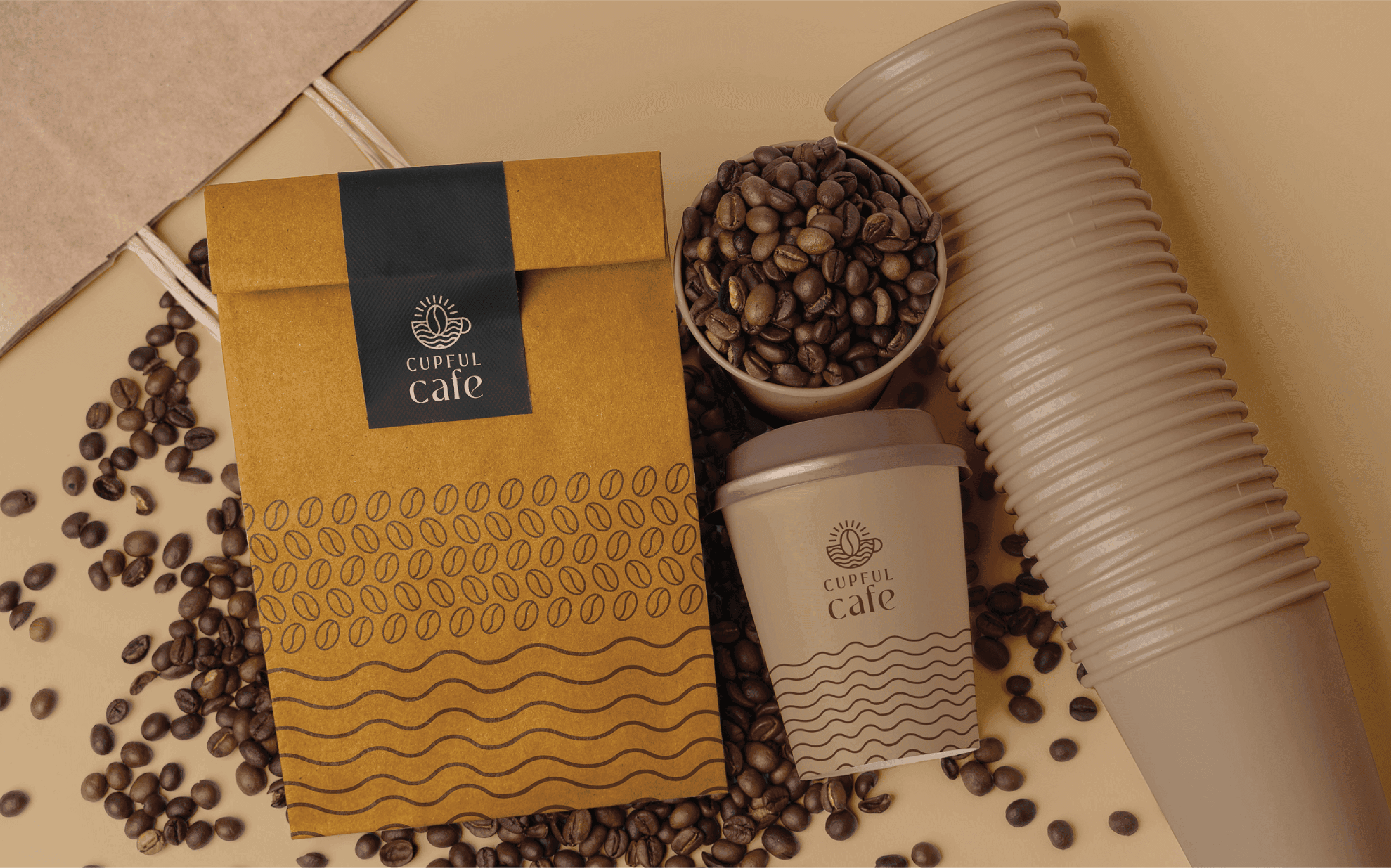 Three modern matte bottles with abstract designs in black, cream, and terracotta tones, arranged against a neutral background.