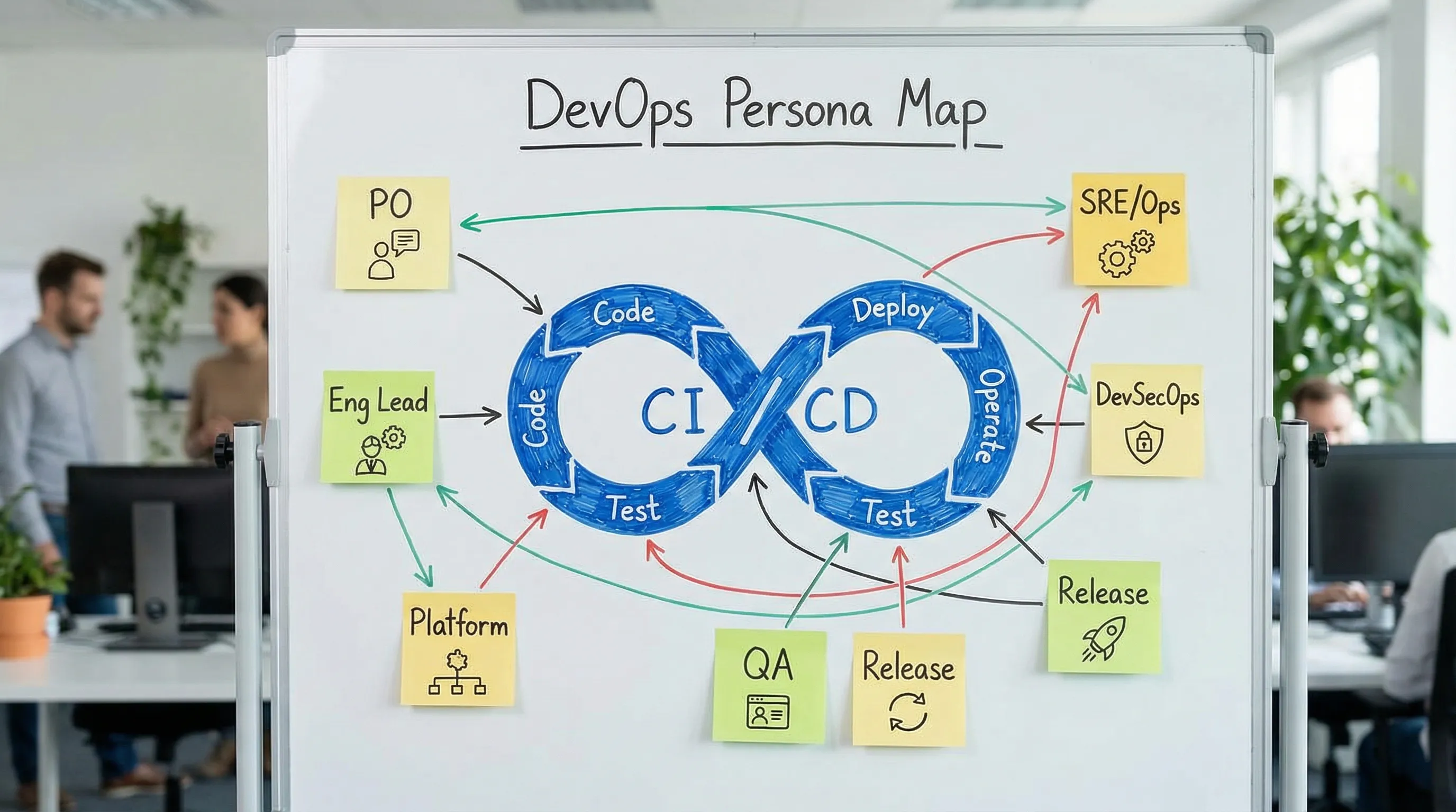 Egyszerű DevOps persona térkép: a CI/CD végtelen hurok köré rendezve 7 persona (PO, Eng Lead, Platform, SRE/Ops, DevSecOps, QA, Release), nyilakkal jelölve a fő együttműködési pontokat.