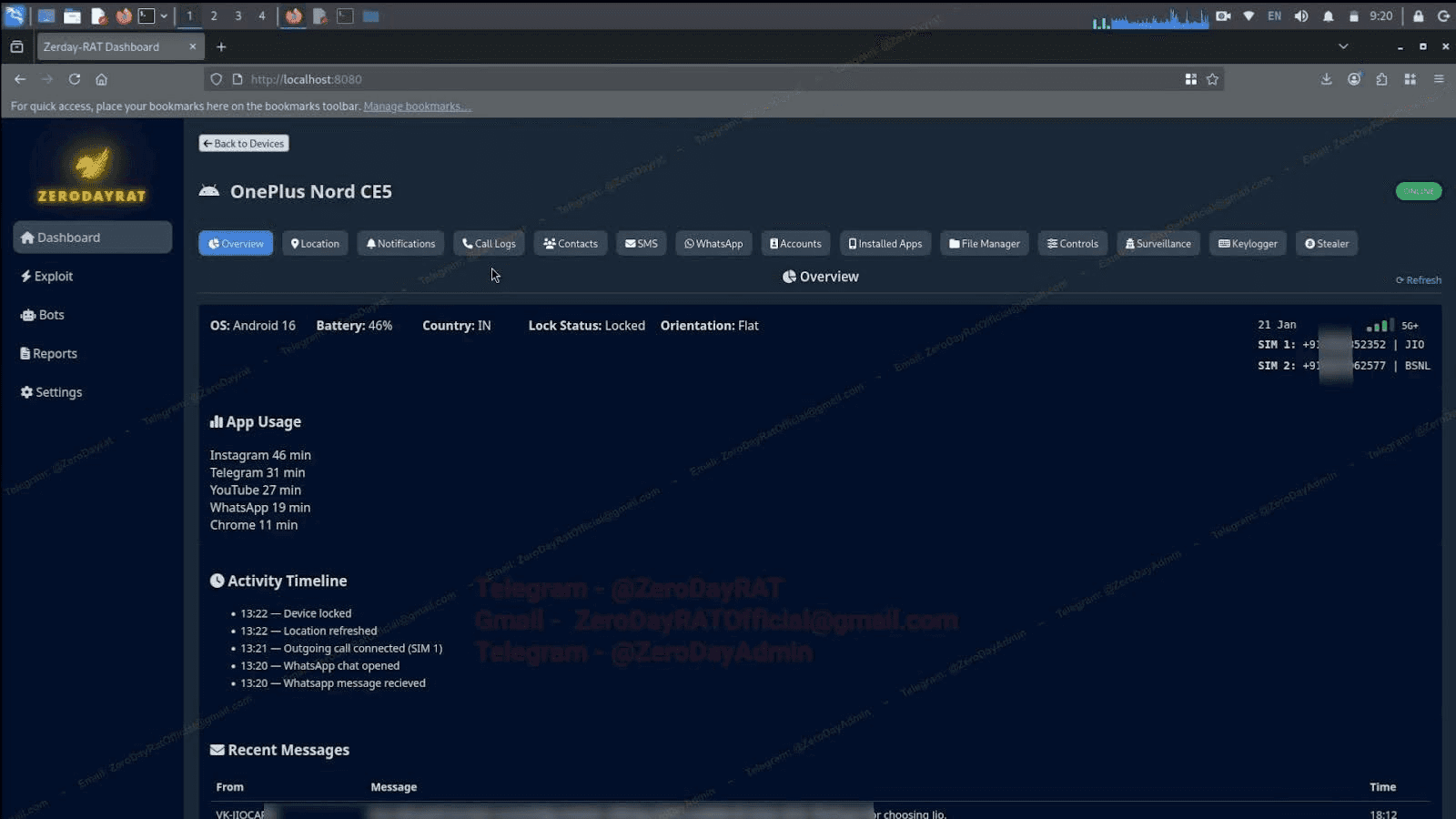 The overview tab for a compromised Android device (Source : Verify).
