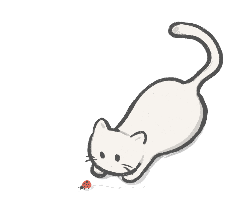 An illustration of a white cat crouched low, watching a tiny ladybug.