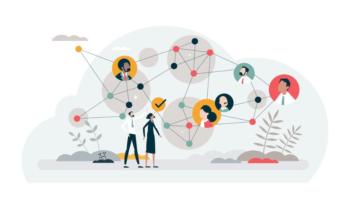 Illustration of interconnected avatars linked by nodes and lines, with two figures interacting in the foreground.