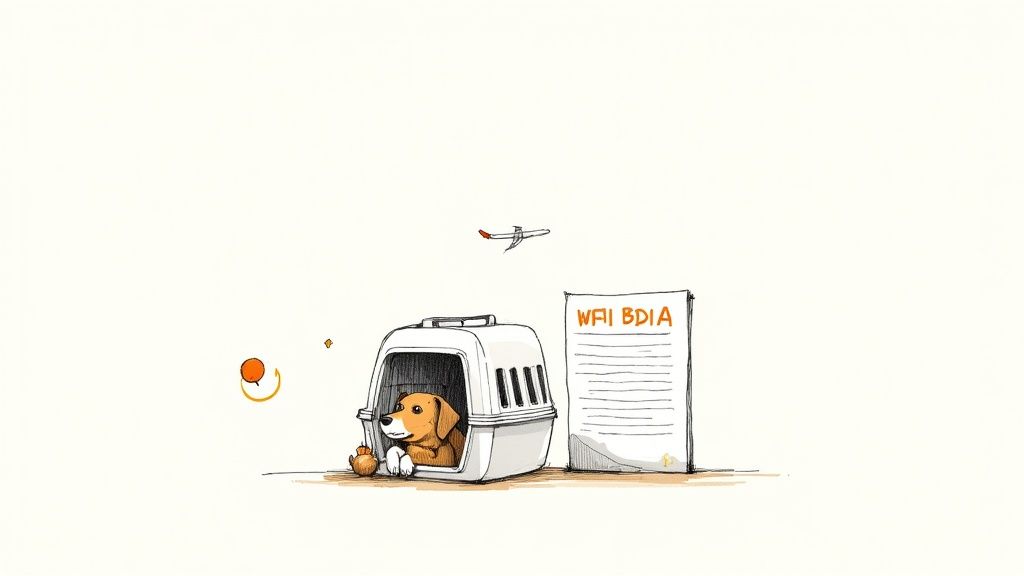 A cartoon illustration of a dog inside a pet carrier, with an airplane flying above and a document beside it.