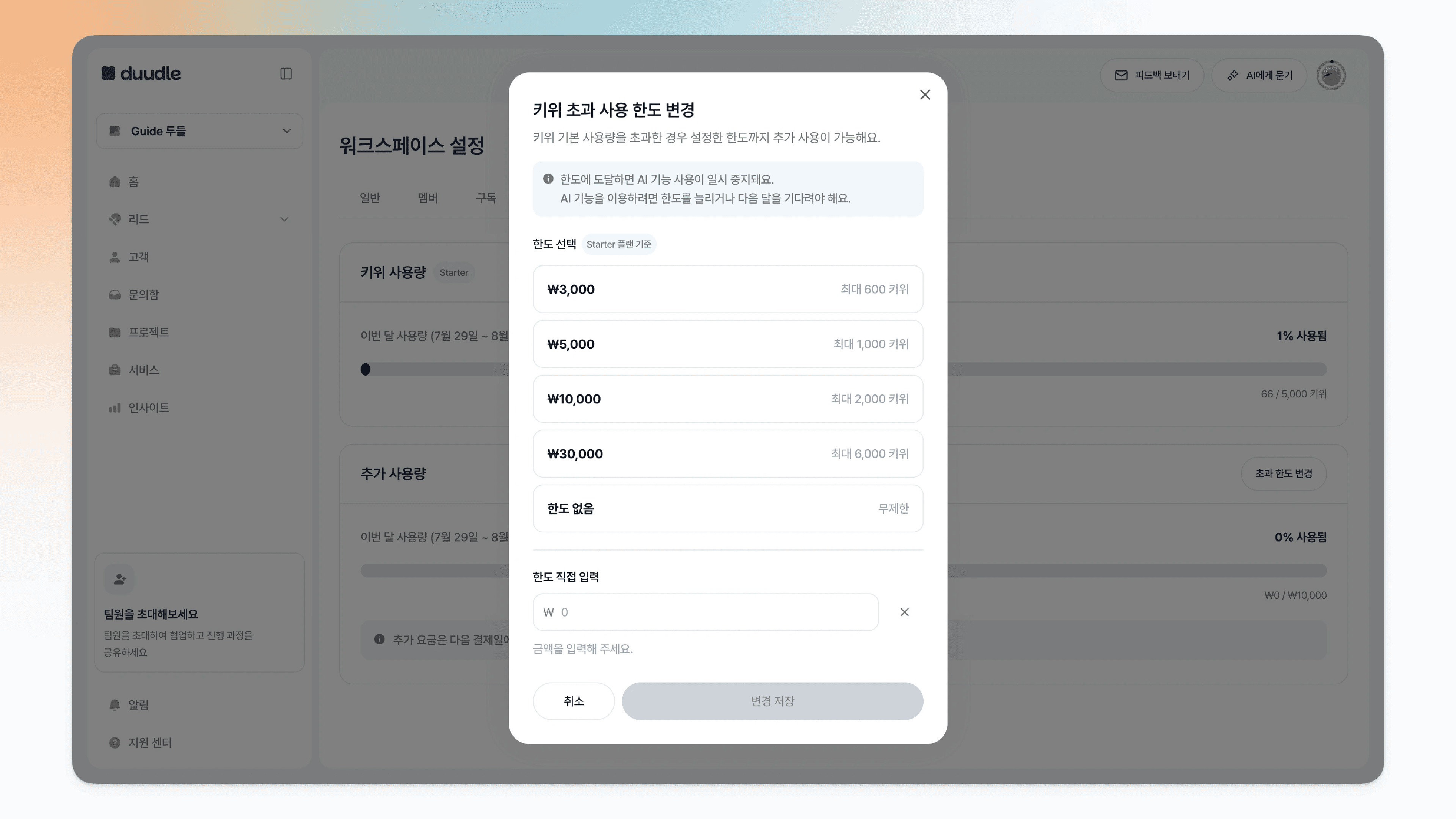 한도 직접 입력 필드