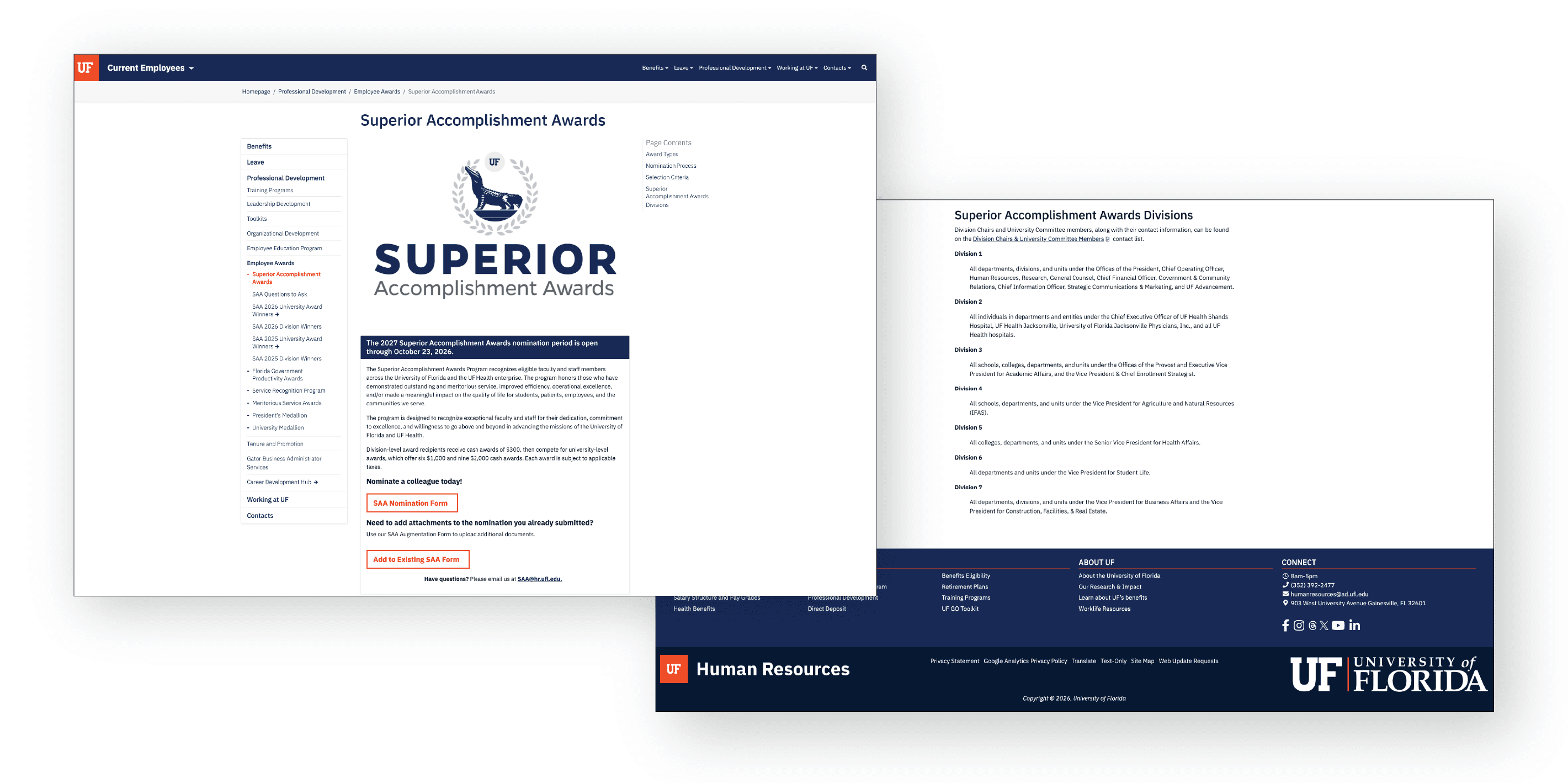 Two screenshots of the initial Superior Accomplishment Award website: Landing page (left) subpage (right).