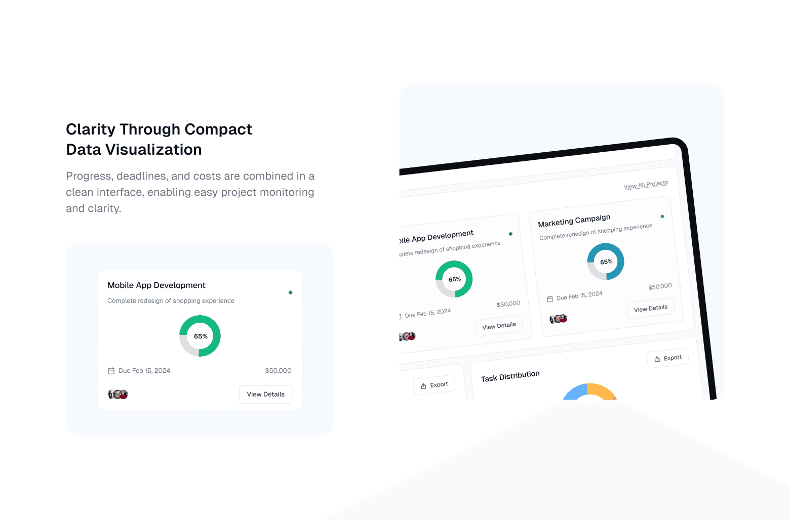 Project analytics cards showing progress, deadlines, and cost visualization