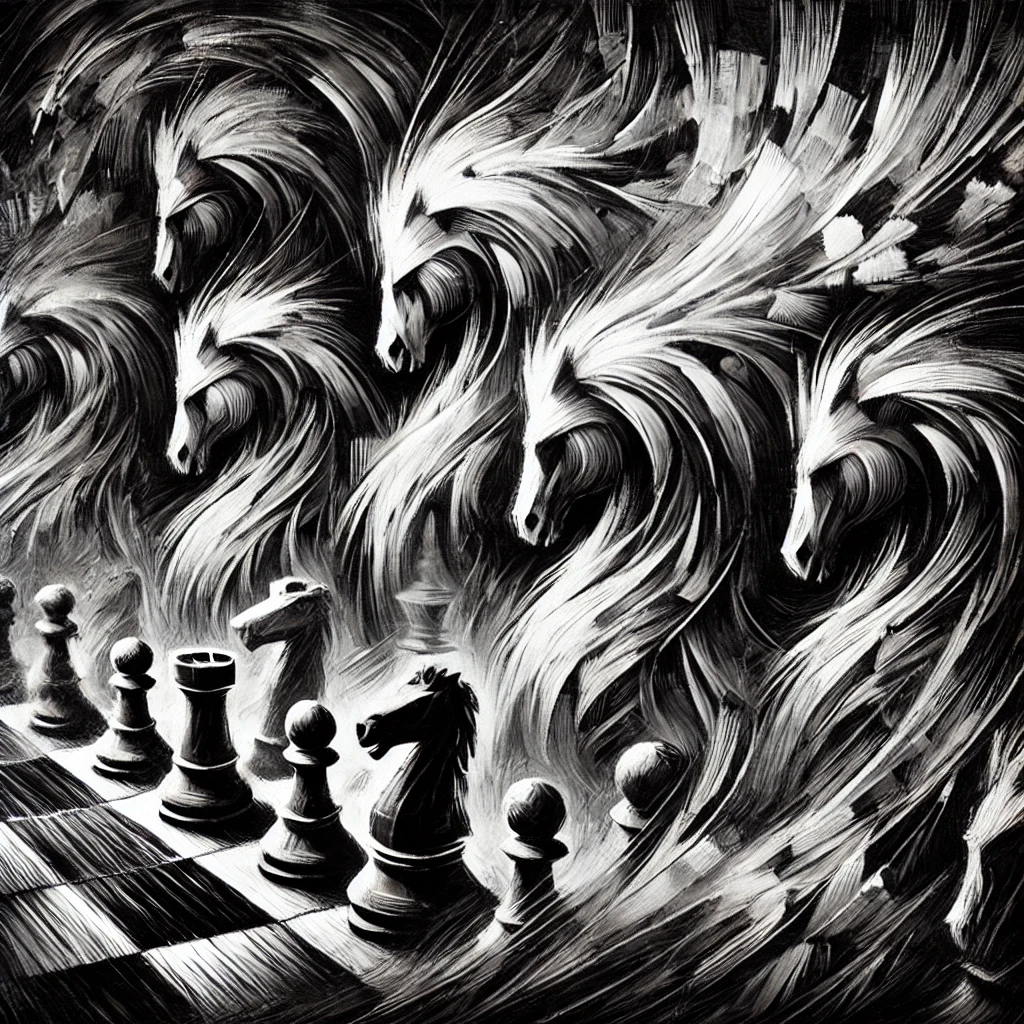 Knights soar in graceful arcs across the chessboard.