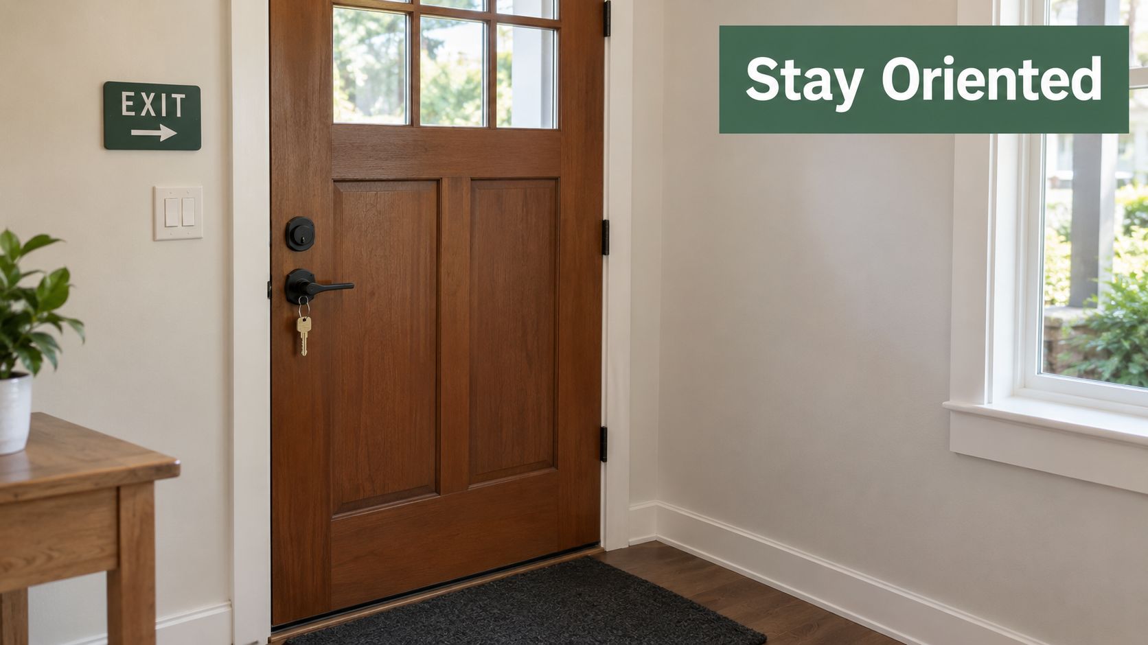 A wooden front door with a key in the lock and an exit sign on the wall.