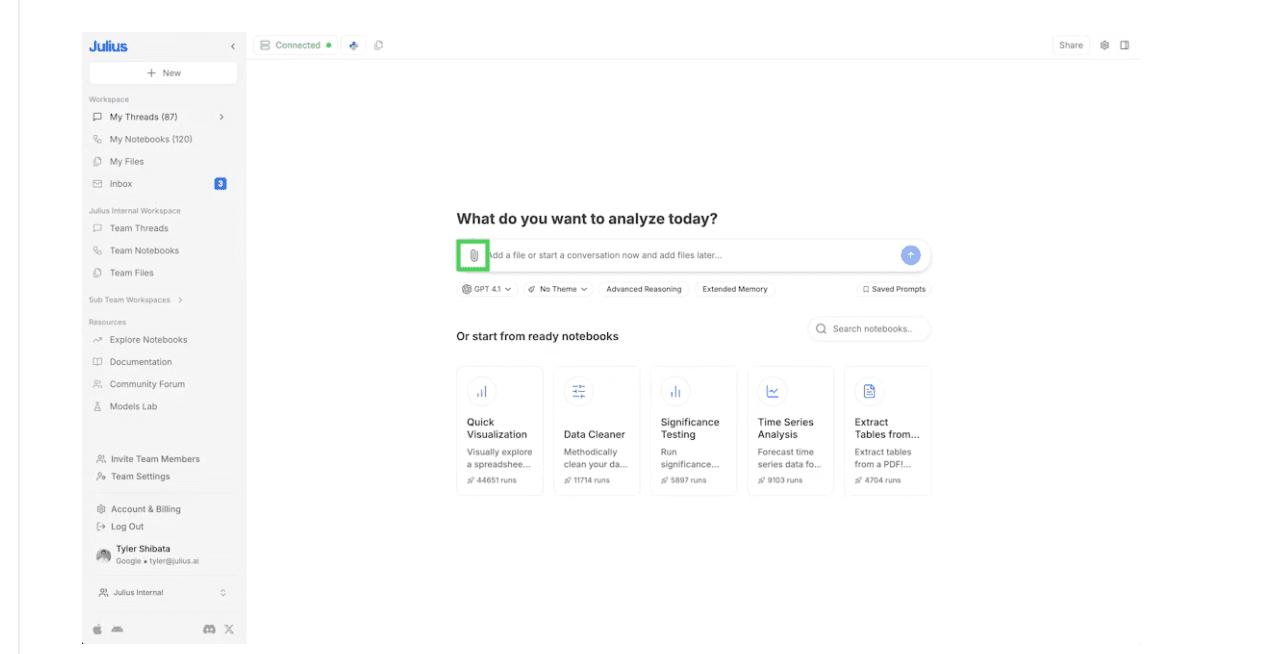 Uploading a data file in Julius AI using the chat interface and upload file option
