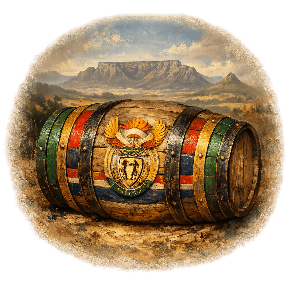 Wine barrel featuring the South Africa national emblem for regional wine education.