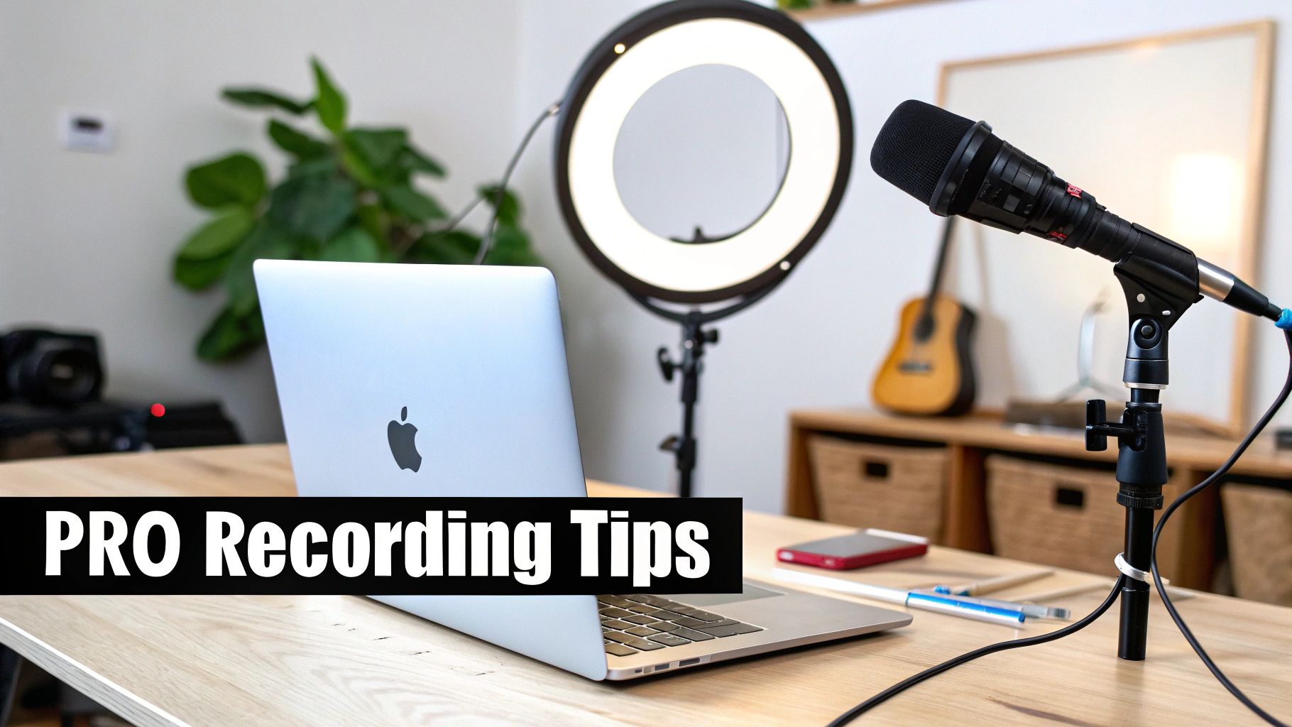 A professional desk setup with a Mac, microphone, and good lighting for video recording.